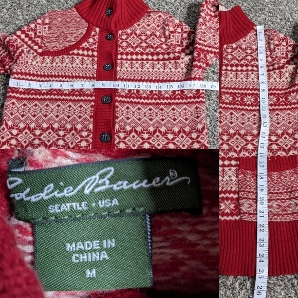 Eddie Bauer red cream fair isle button up wool blend cardigan sweater M - Picture 7 of 7